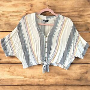 Style Envy Cropped Colorful Striped Button-Down Tie Front Blouse Single Stitch S